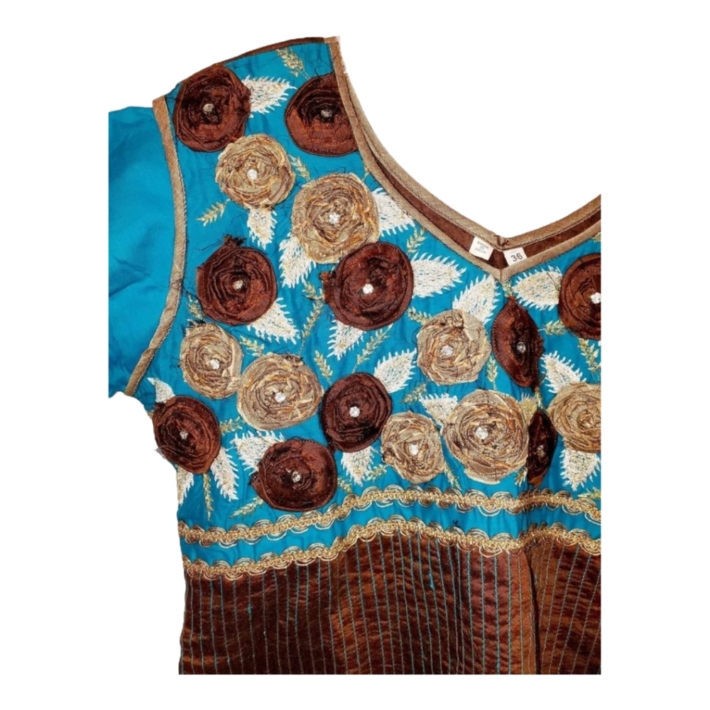 Teal, Gold, Brown Embroidered Floral Kurti with Rhinestones Size 36 - Picture 3 of 7